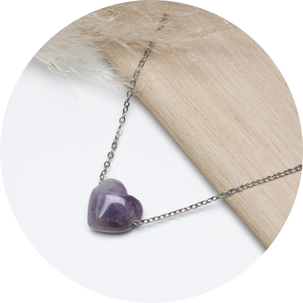 Zilveren ketting kinderen | Zilveren ketting met hanger, paars hartje met gekleurde kristallen
